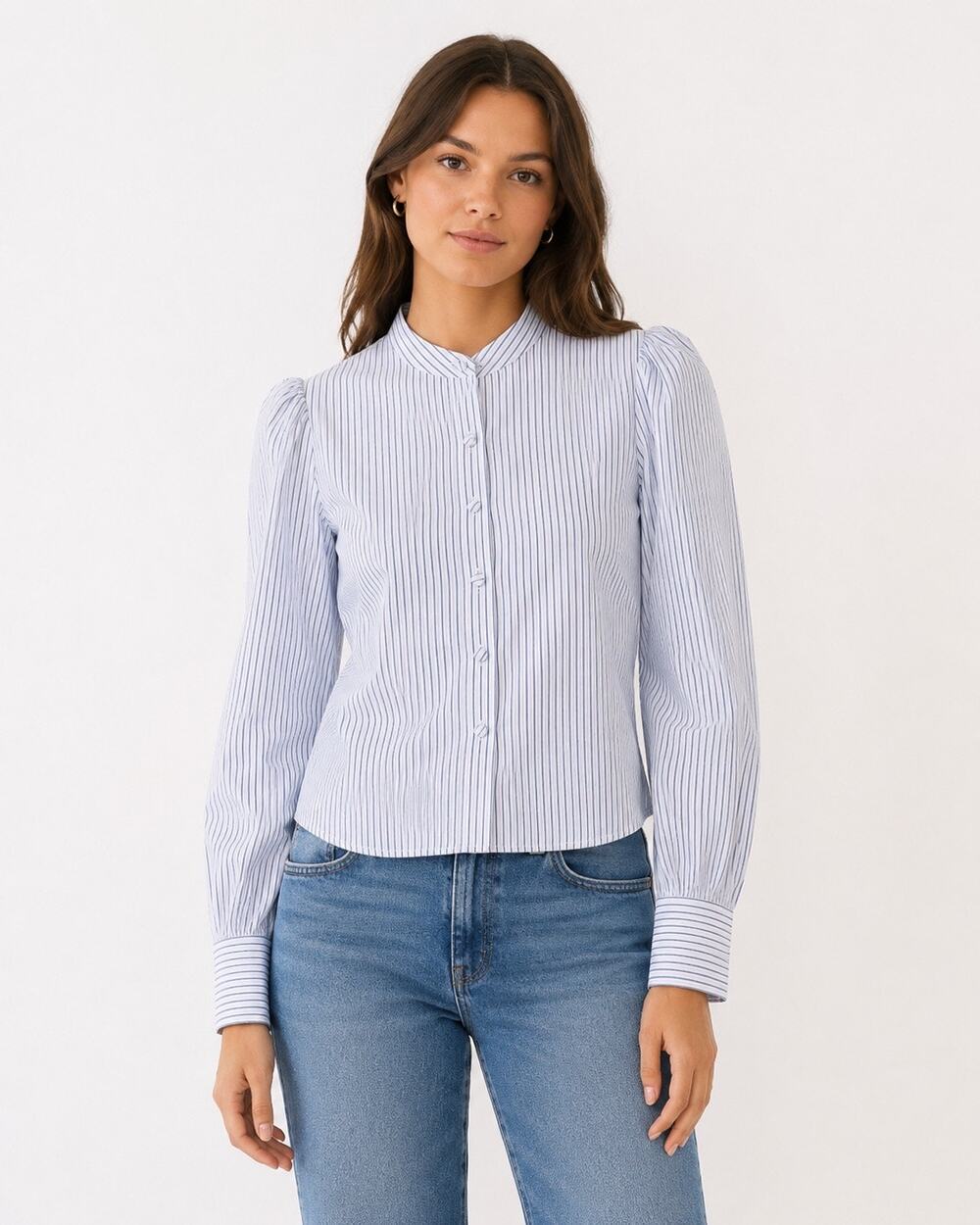 Puff-Sleeve Button-Up Shirt Hydrangea Stripe XXS NWT